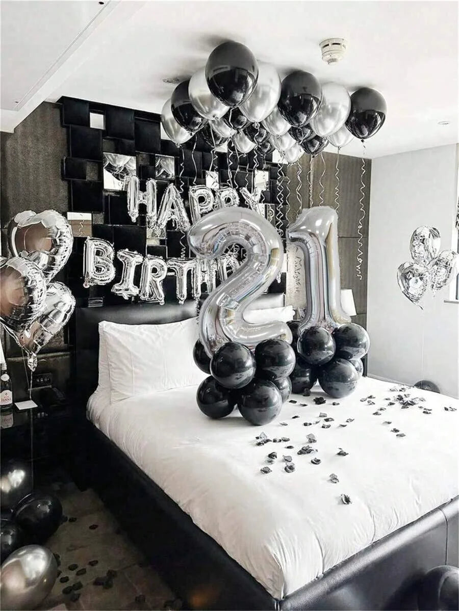 580Pcs Black & Silver Balloon Garland Birthday Set, 40" Oversized Foil Number Balloons, Black Rose Petals, Suitable for Men & Women