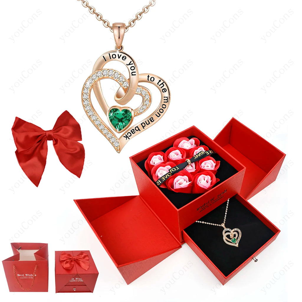 Heart Zircon Pendant Necklace with Pink Rose Bow Gift Box 2025 New Set for Girlfriend Wife Christmas Valentine Day Birthday Gift