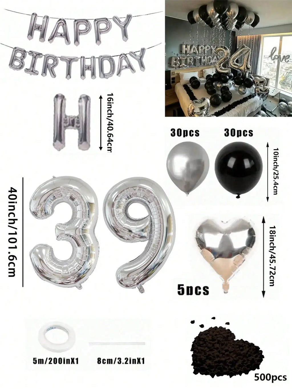 580Pcs Black & Silver Balloon Garland Birthday Set, 40" Oversized Foil Number Balloons, Black Rose Petals, Suitable for Men & Women