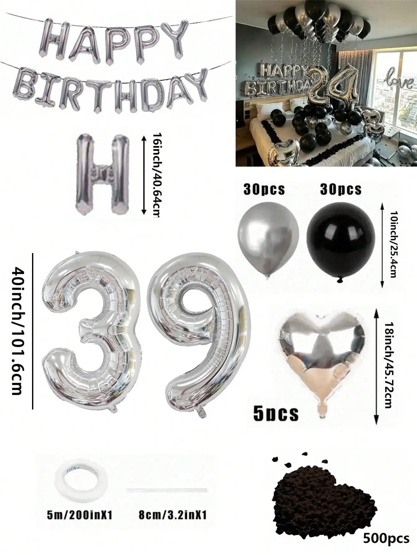 580Pcs Black & Silver Balloon Garland Birthday Set, 40" Oversized Foil Number Balloons, Black Rose Petals, Suitable for Men & Women