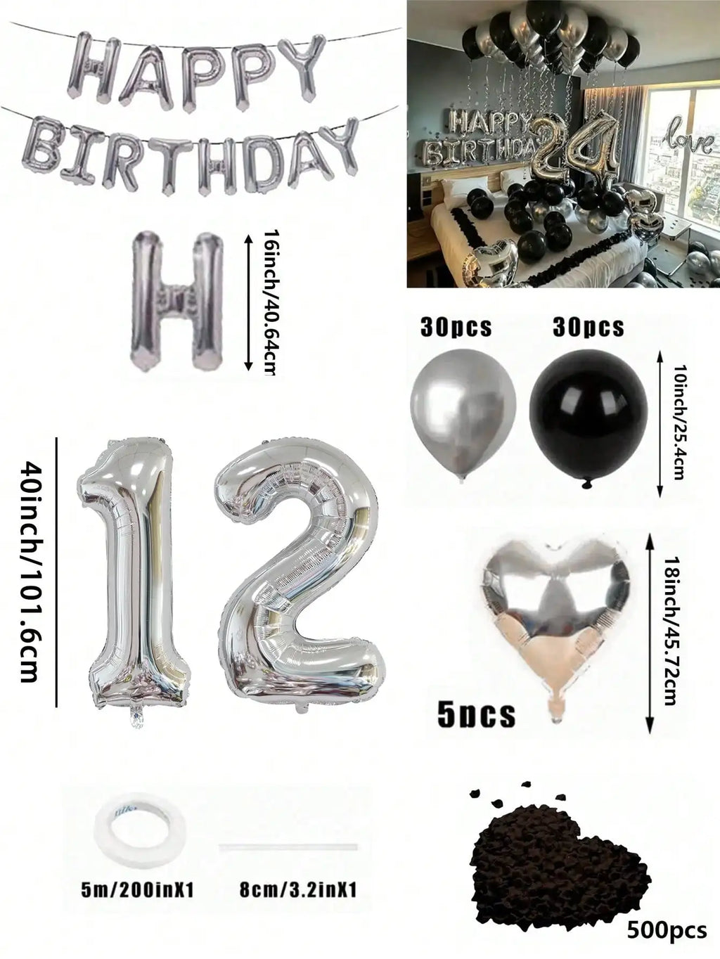 580Pcs Black & Silver Balloon Garland Birthday Set, 40" Oversized Foil Number Balloons, Black Rose Petals, Suitable for Men & Women