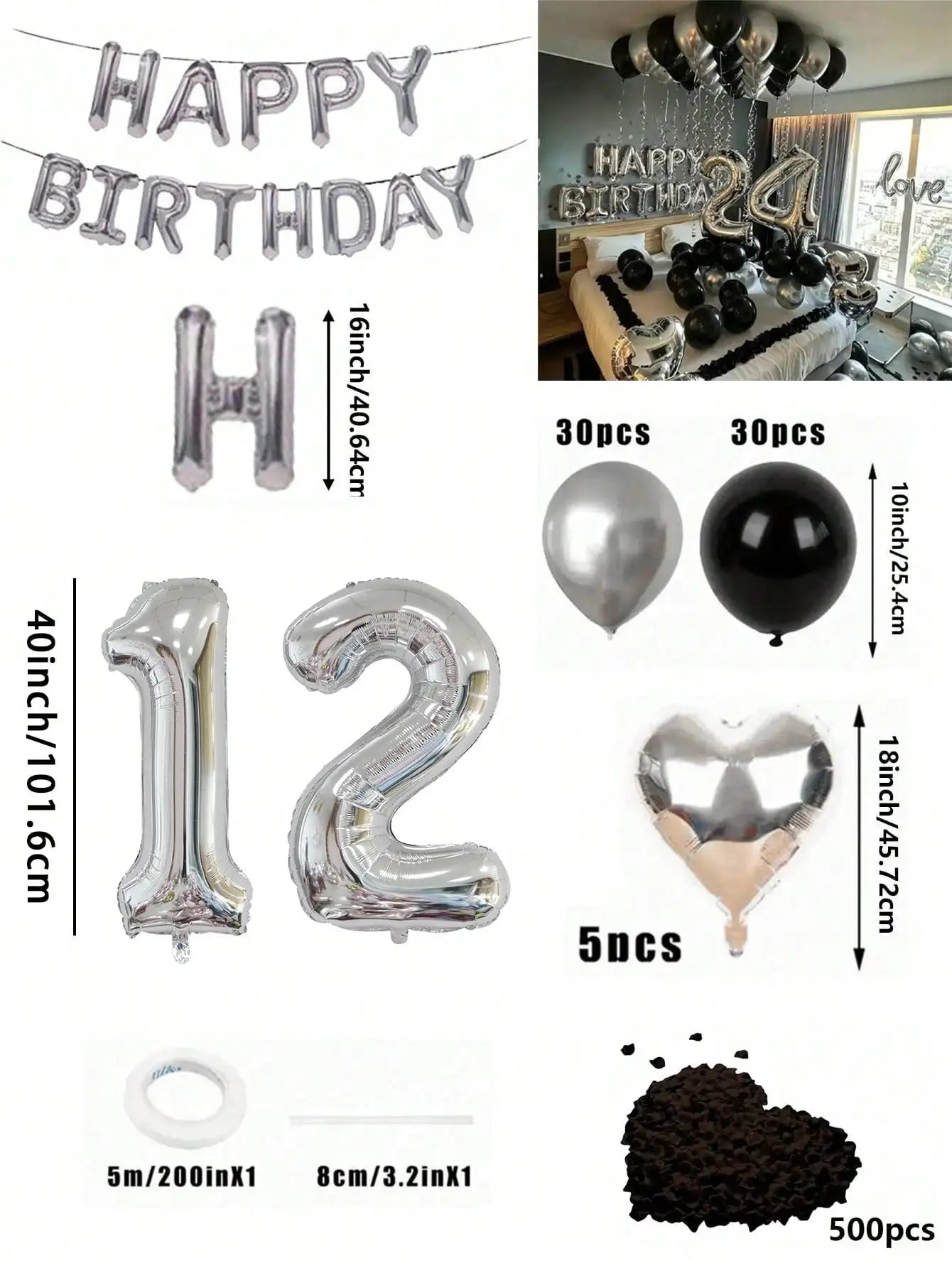 580Pcs Black & Silver Balloon Garland Birthday Set, 40" Oversized Foil Number Balloons, Black Rose Petals, Suitable for Men & Women