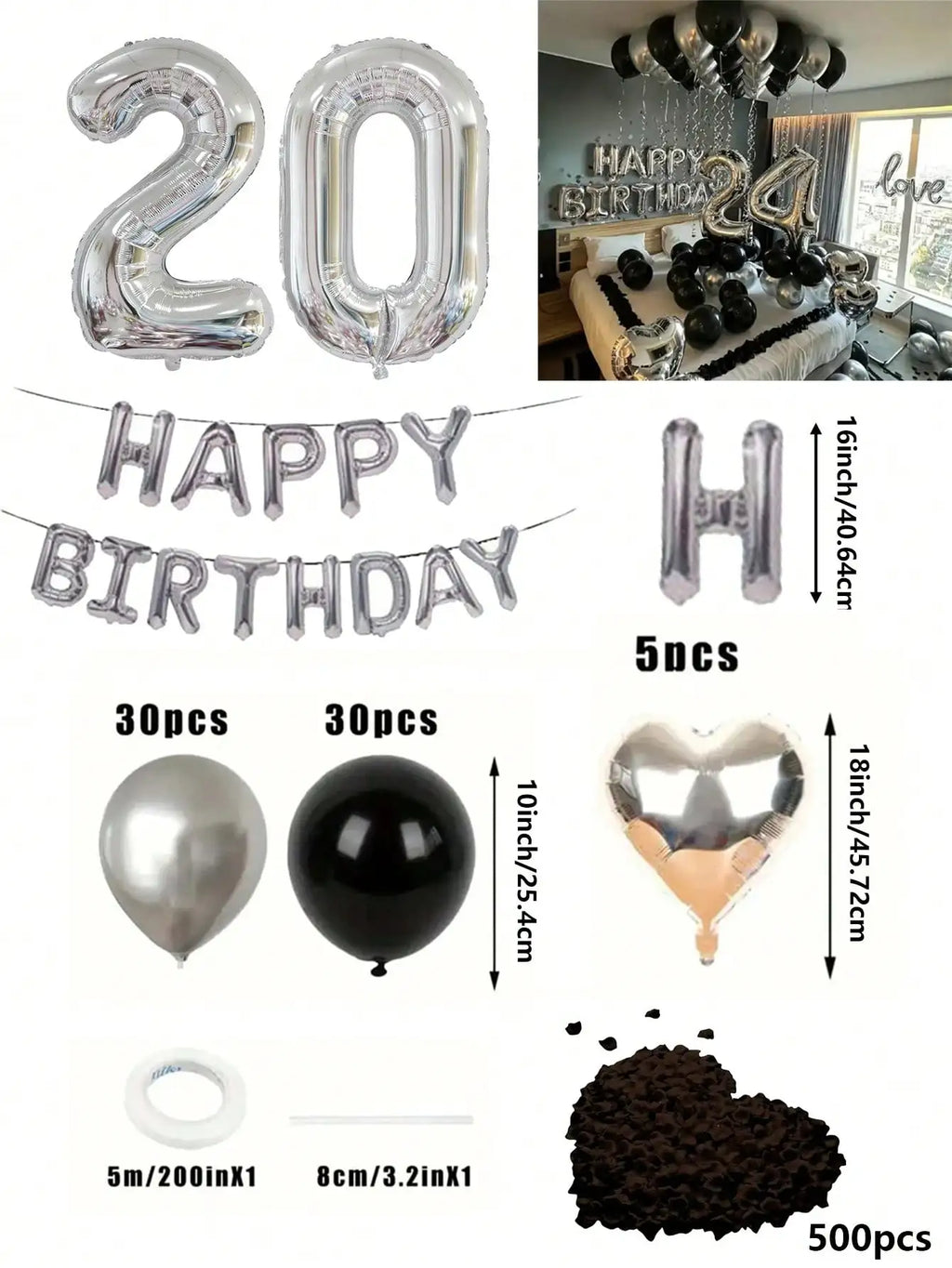 580Pcs Black & Silver Balloon Garland Birthday Set, 40" Oversized Foil Number Balloons, Black Rose Petals, Suitable for Men & Women