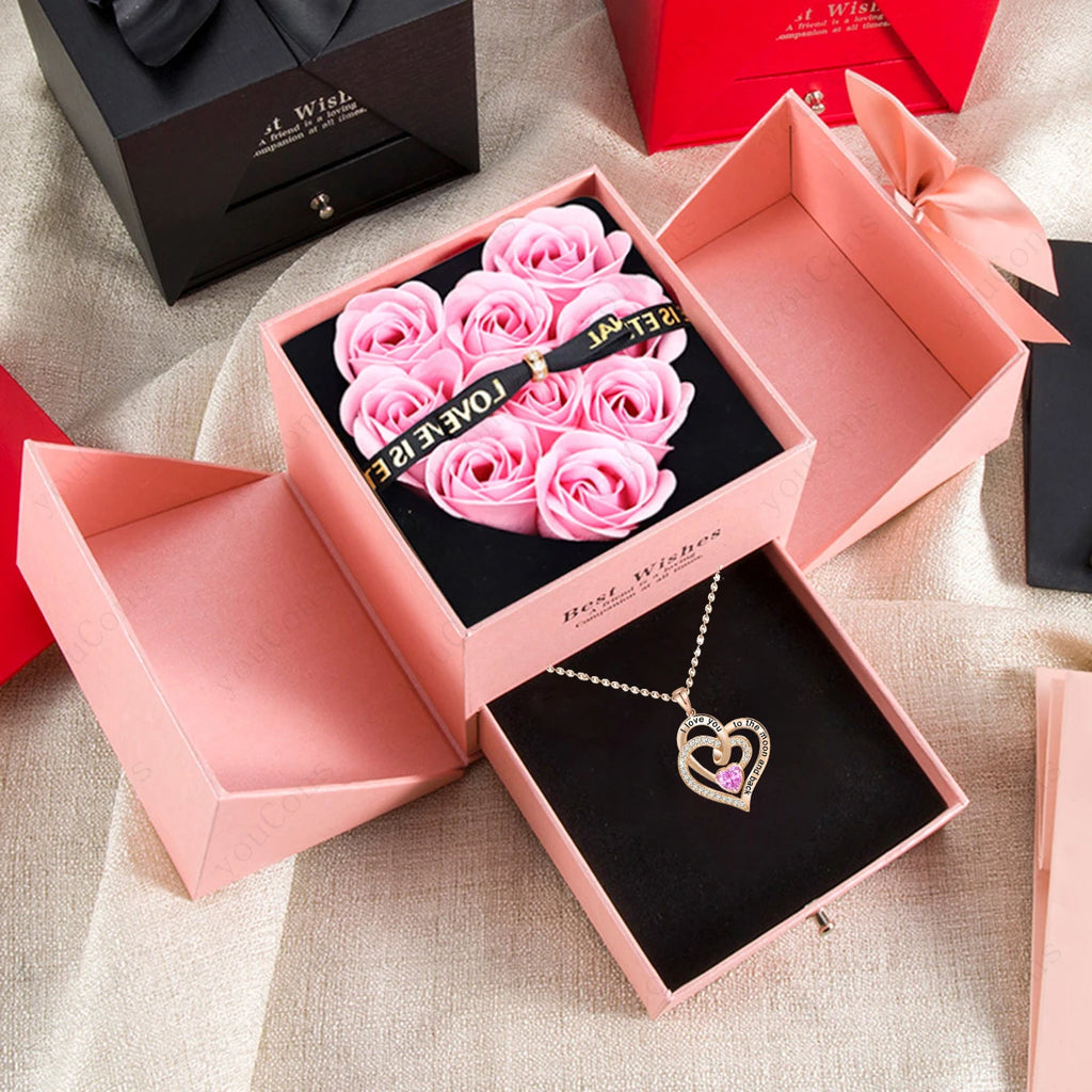 Heart Zircon Pendant Necklace with Pink Rose Bow Gift Box 2025 New Set for Girlfriend Wife Christmas Valentine Day Birthday Gift