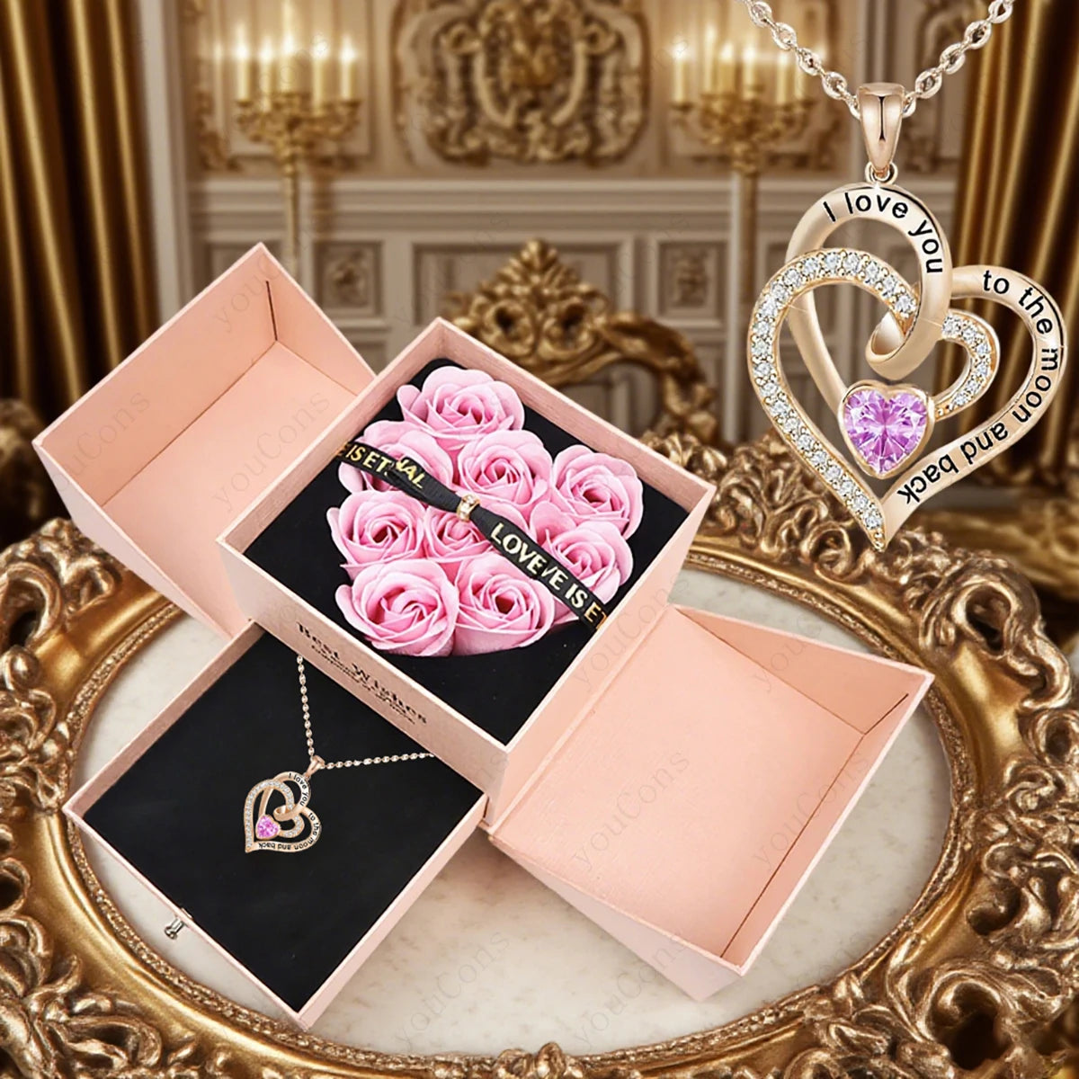 Heart Zircon Pendant Necklace with Pink Rose Bow Gift Box 2025 New Set for Girlfriend Wife Christmas Valentine Day Birthday Gift