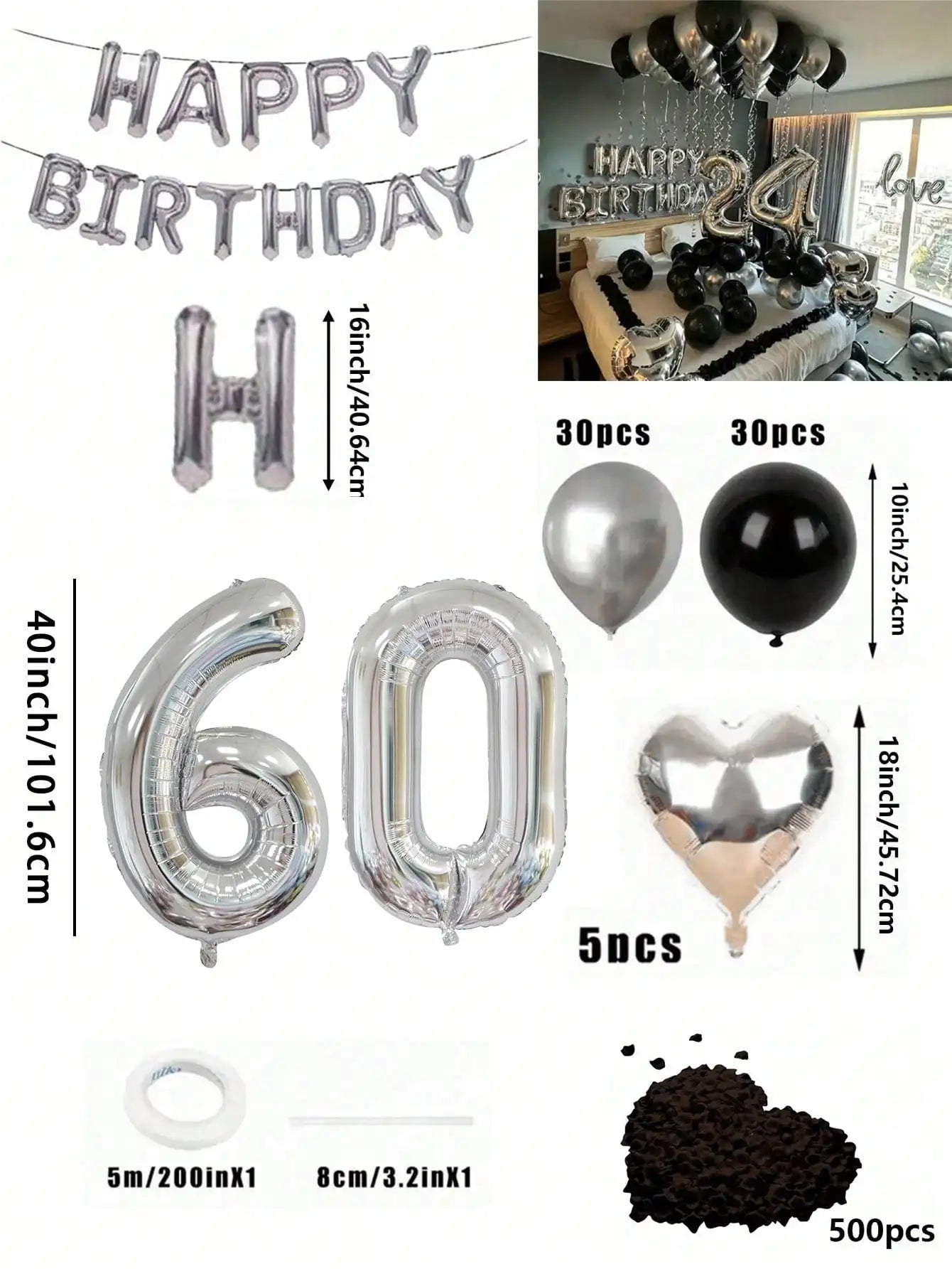 580Pcs Black & Silver Balloon Garland Birthday Set, 40" Oversized Foil Number Balloons, Black Rose Petals, Suitable for Men & Women