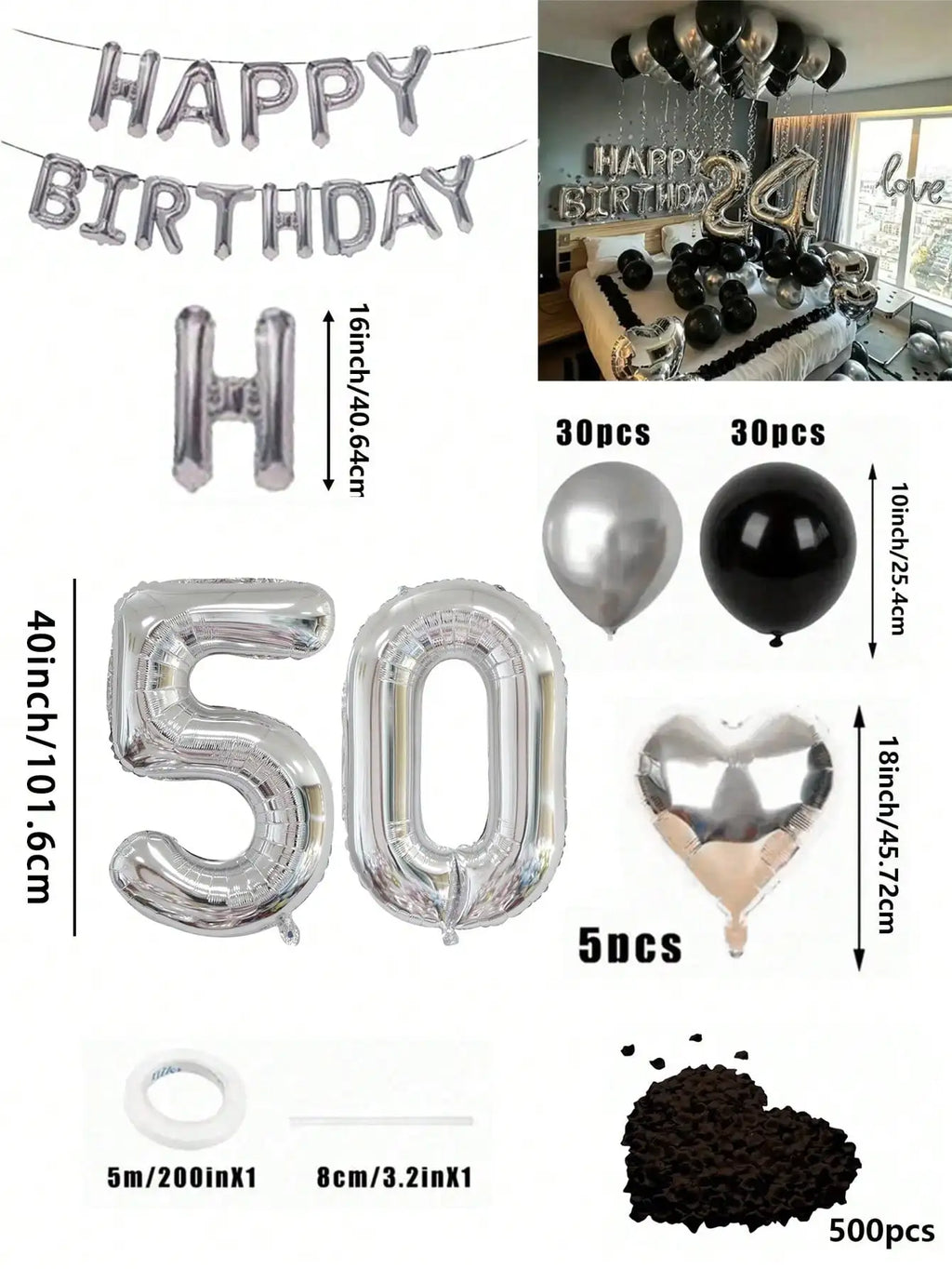 580Pcs Black & Silver Balloon Garland Birthday Set, 40" Oversized Foil Number Balloons, Black Rose Petals, Suitable for Men & Women