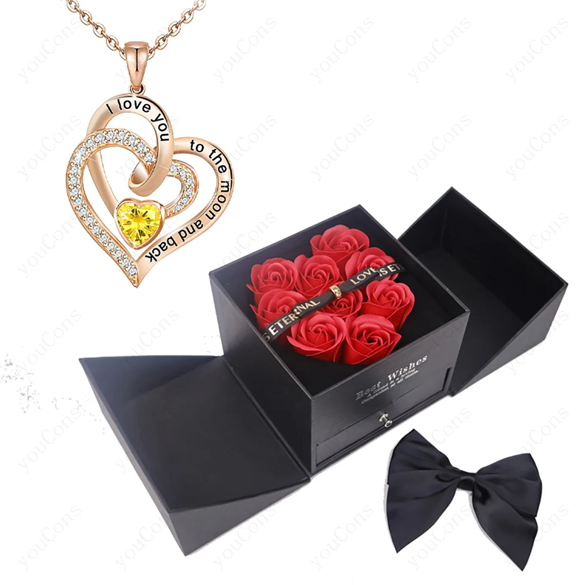 Heart Zircon Pendant Necklace with Pink Rose Bow Gift Box 2025 New Set for Girlfriend Wife Christmas Valentine Day Birthday Gift