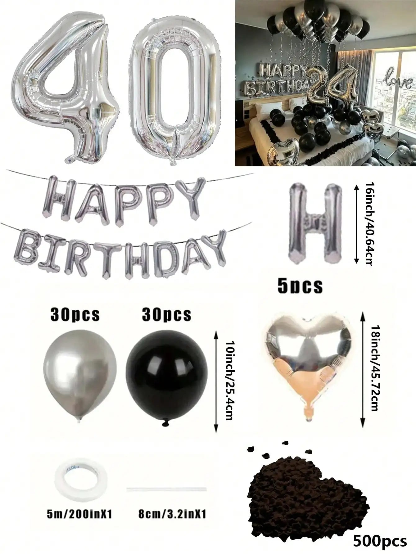 580Pcs Black & Silver Balloon Garland Birthday Set, 40" Oversized Foil Number Balloons, Black Rose Petals, Suitable for Men & Women