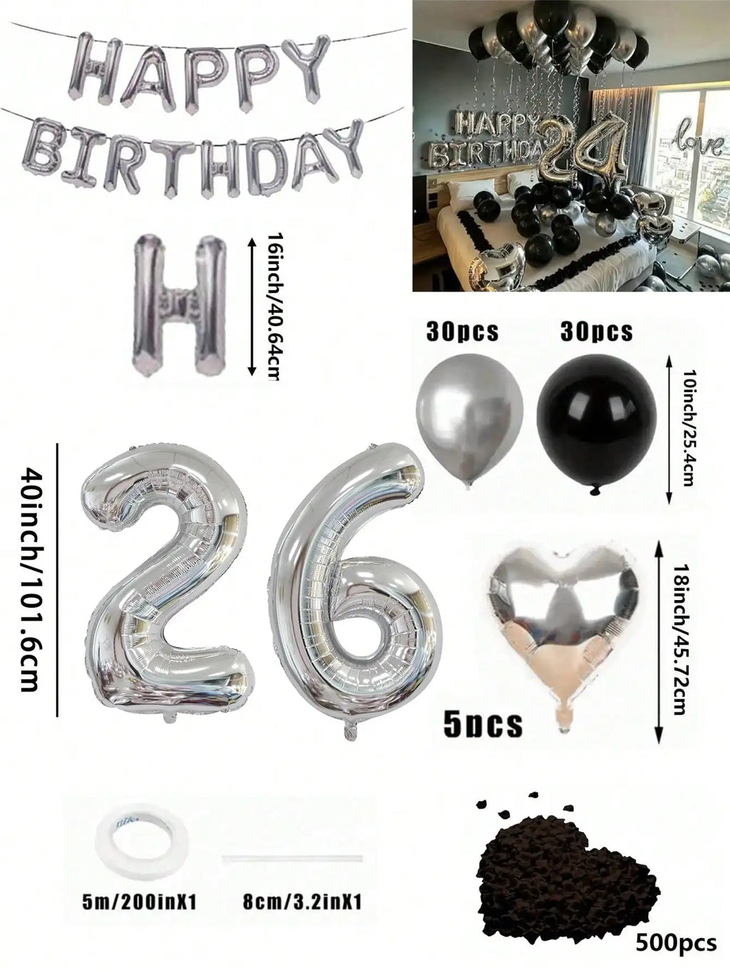 580Pcs Black & Silver Balloon Garland Birthday Set, 40" Oversized Foil Number Balloons, Black Rose Petals, Suitable for Men & Women