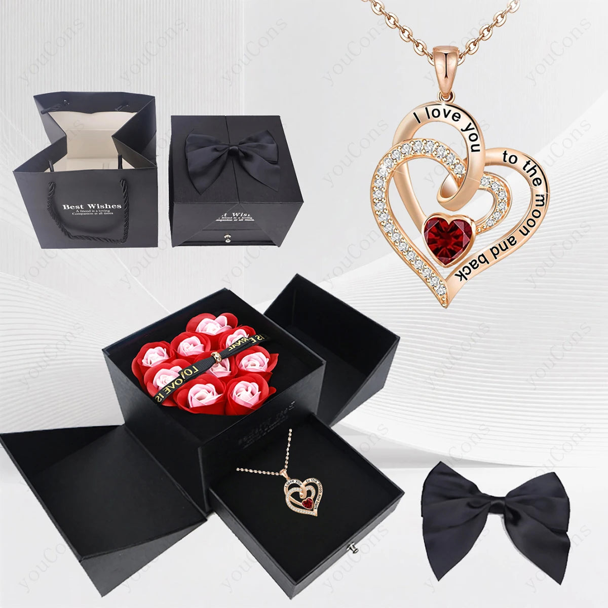 Heart Zircon Pendant Necklace with Pink Rose Bow Gift Box 2025 New Set for Girlfriend Wife Christmas Valentine Day Birthday Gift
