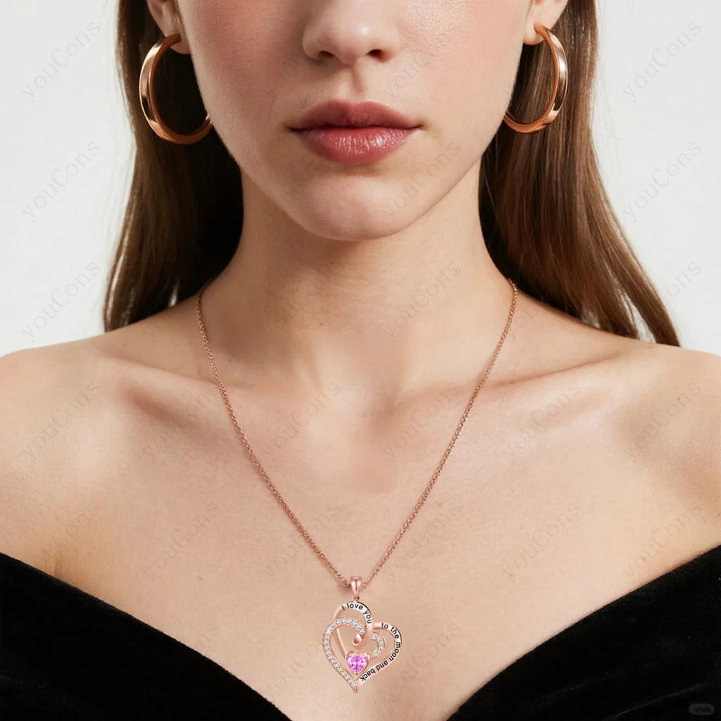 Heart Zircon Pendant Necklace with Pink Rose Bow Gift Box 2025 New Set for Girlfriend Wife Christmas Valentine Day Birthday Gift