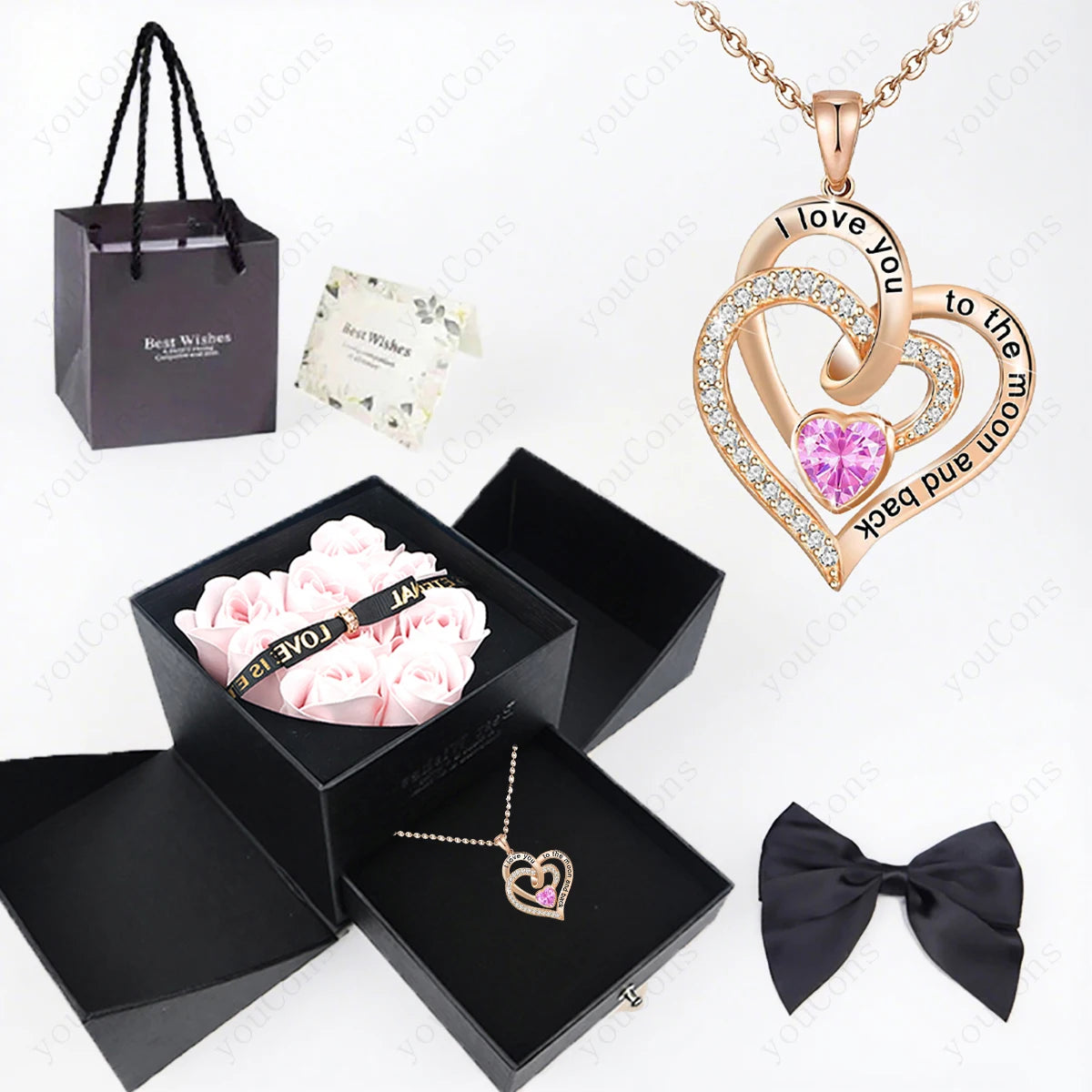 Heart Zircon Pendant Necklace with Pink Rose Bow Gift Box 2025 New Set for Girlfriend Wife Christmas Valentine Day Birthday Gift